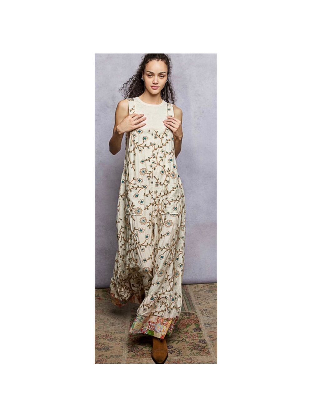 NEW POL Boho Whimsigoth Floral Embroidery Patchwork Overalls Wide Leg Size S NWT - Picture 4 of 6